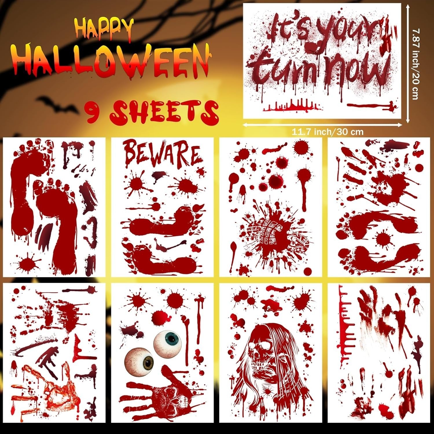 Halloween Fensterbilder 9 Blätter XXXL Blut Aufkleber Deko Sticker Horror Party