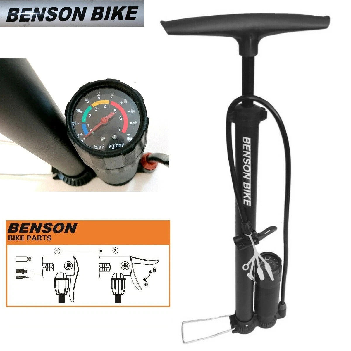 Fahrrad Standpumpe 7 Bar mit Manometer Universalventil & 2 Adapter Schwarz