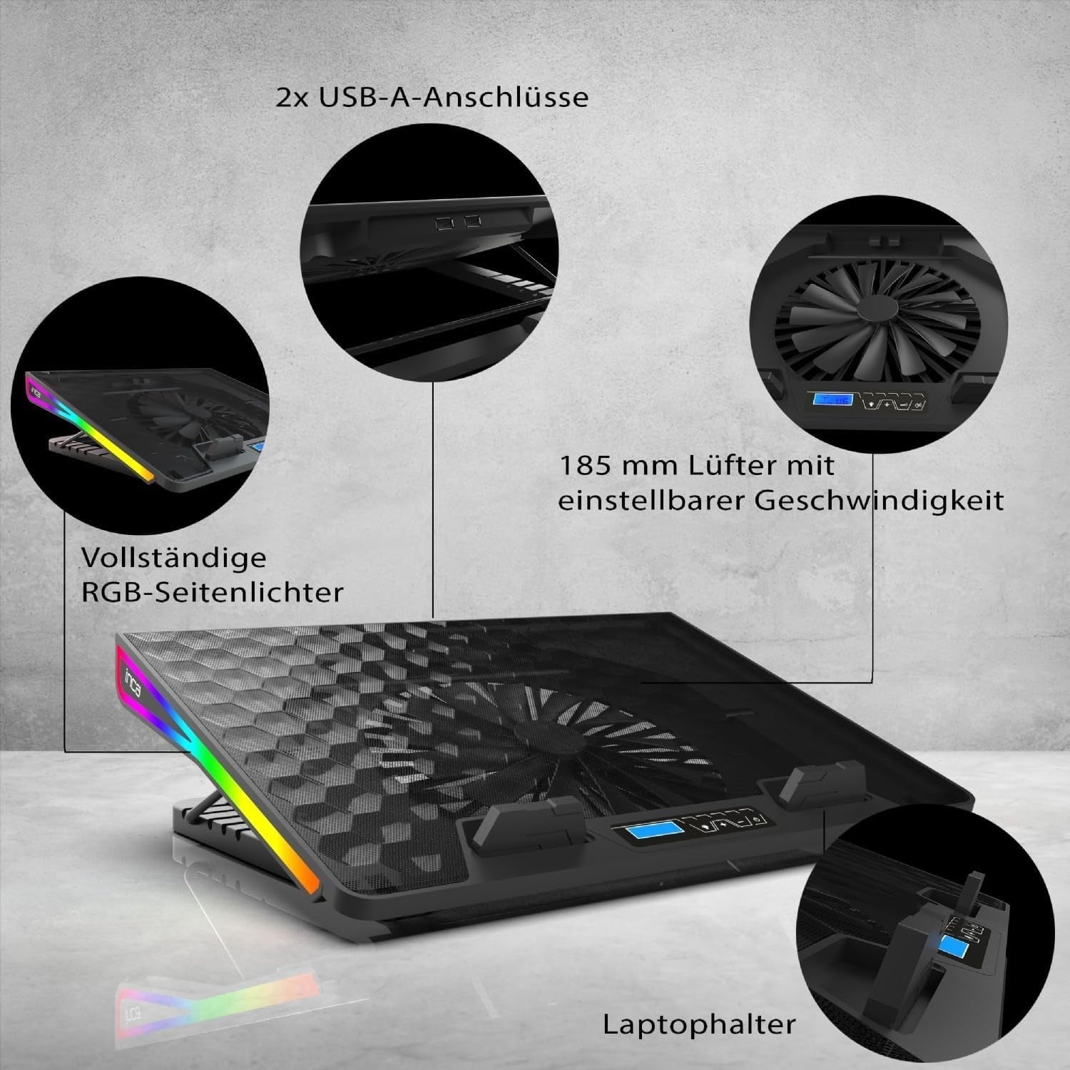 Gaming Laptop Kühler RGB 17,3" Kühlpad LCD Display 5 Höhen Notebook