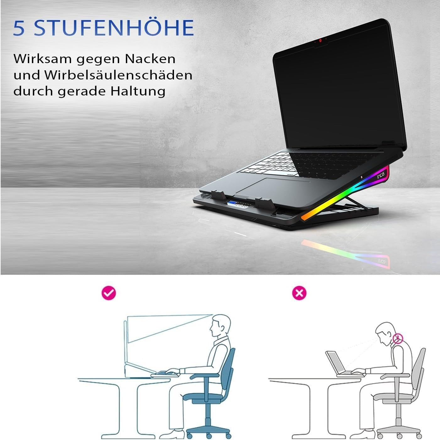 Gaming Laptop Kühler RGB 17,3" Kühlpad LCD Display 5 Höhen Notebook