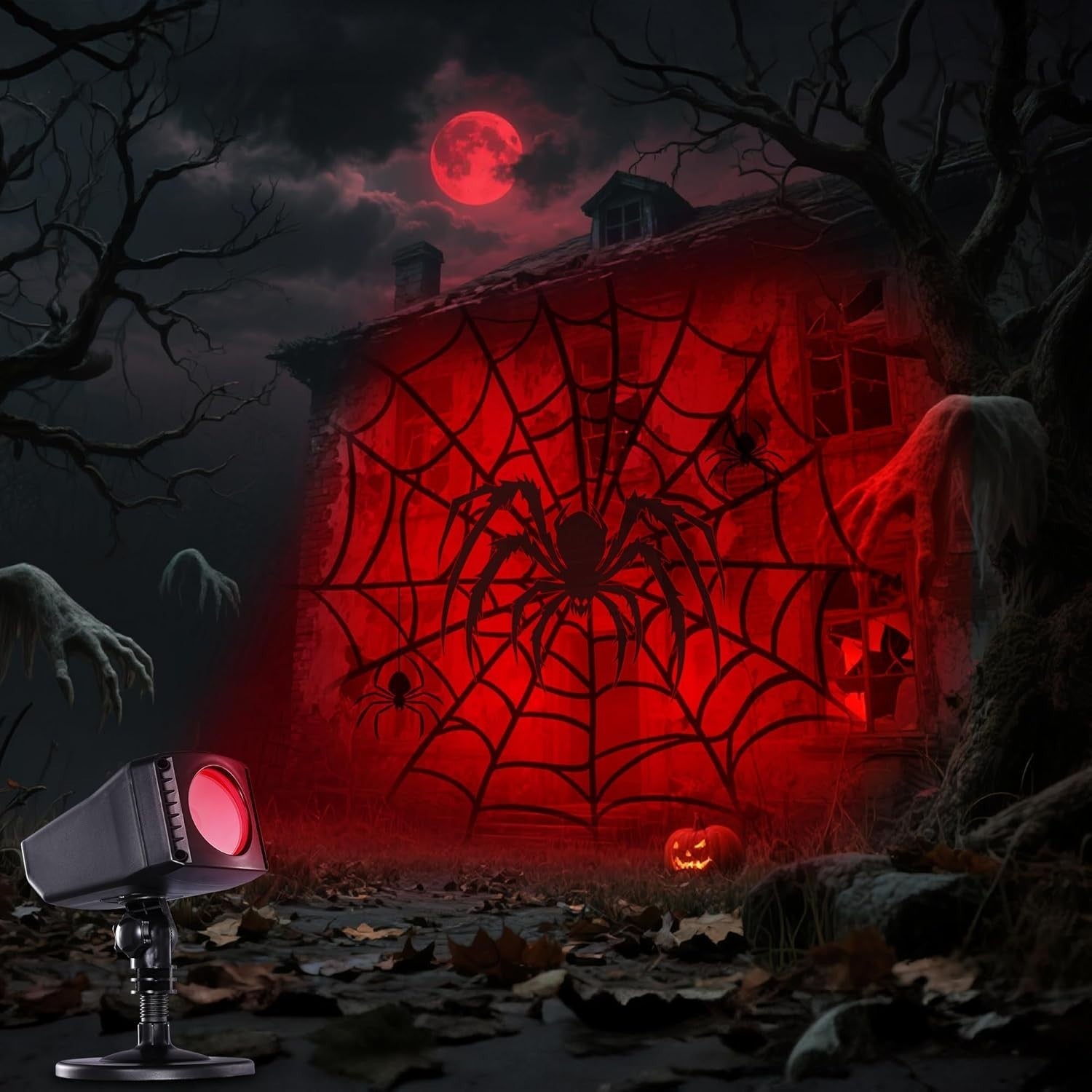 Halloween Deko Outdoor Projektor | 3D Dynamische LED Projektionslampe mit Timer, Wasserdicht, Rotes Spinnennetz-Spinne Motiv für Wand, Fenster & Garten