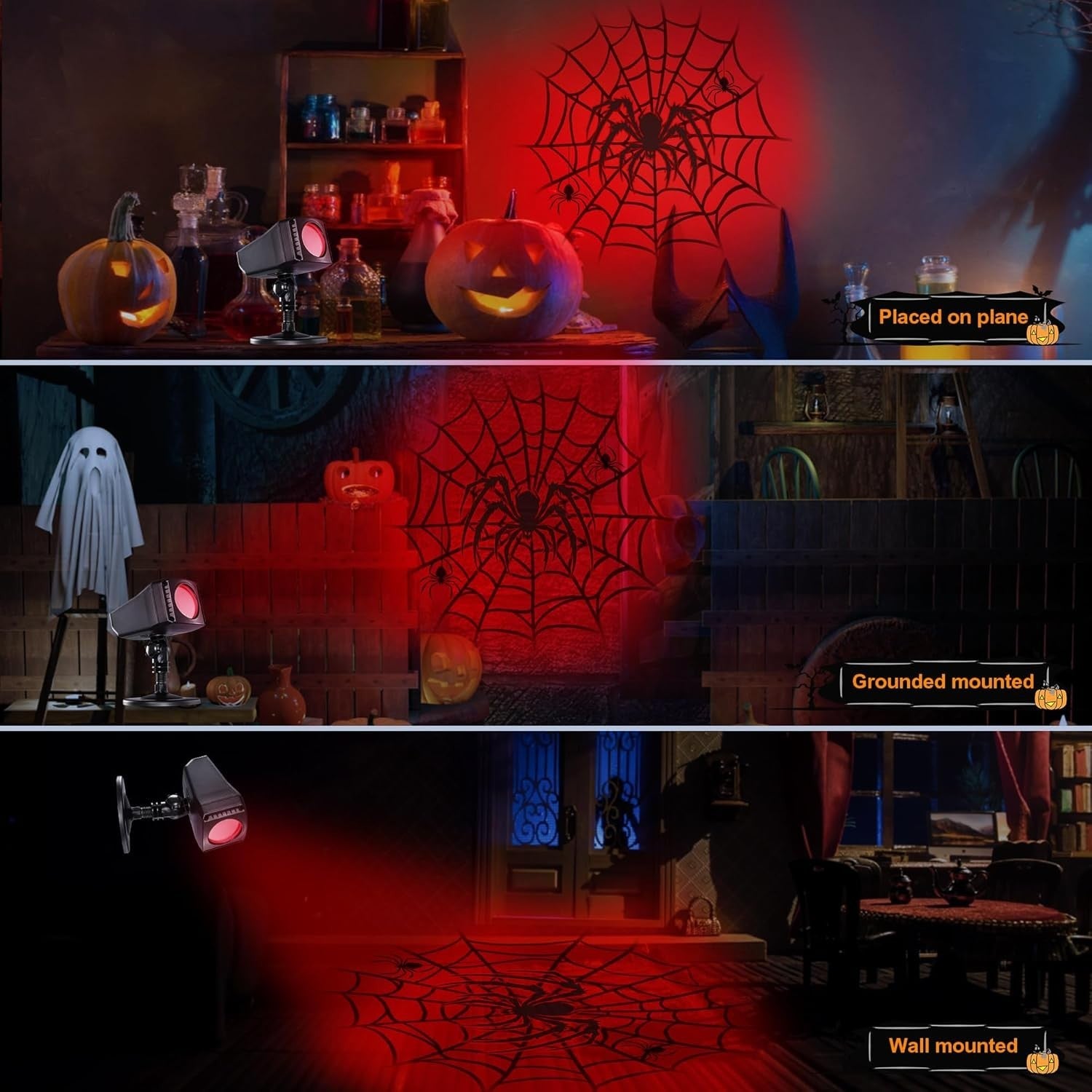 Halloween Deko Outdoor Projektor | 3D Dynamische LED Projektionslampe mit Timer, Wasserdicht, Rotes Spinnennetz-Spinne Motiv für Wand, Fenster & Garten