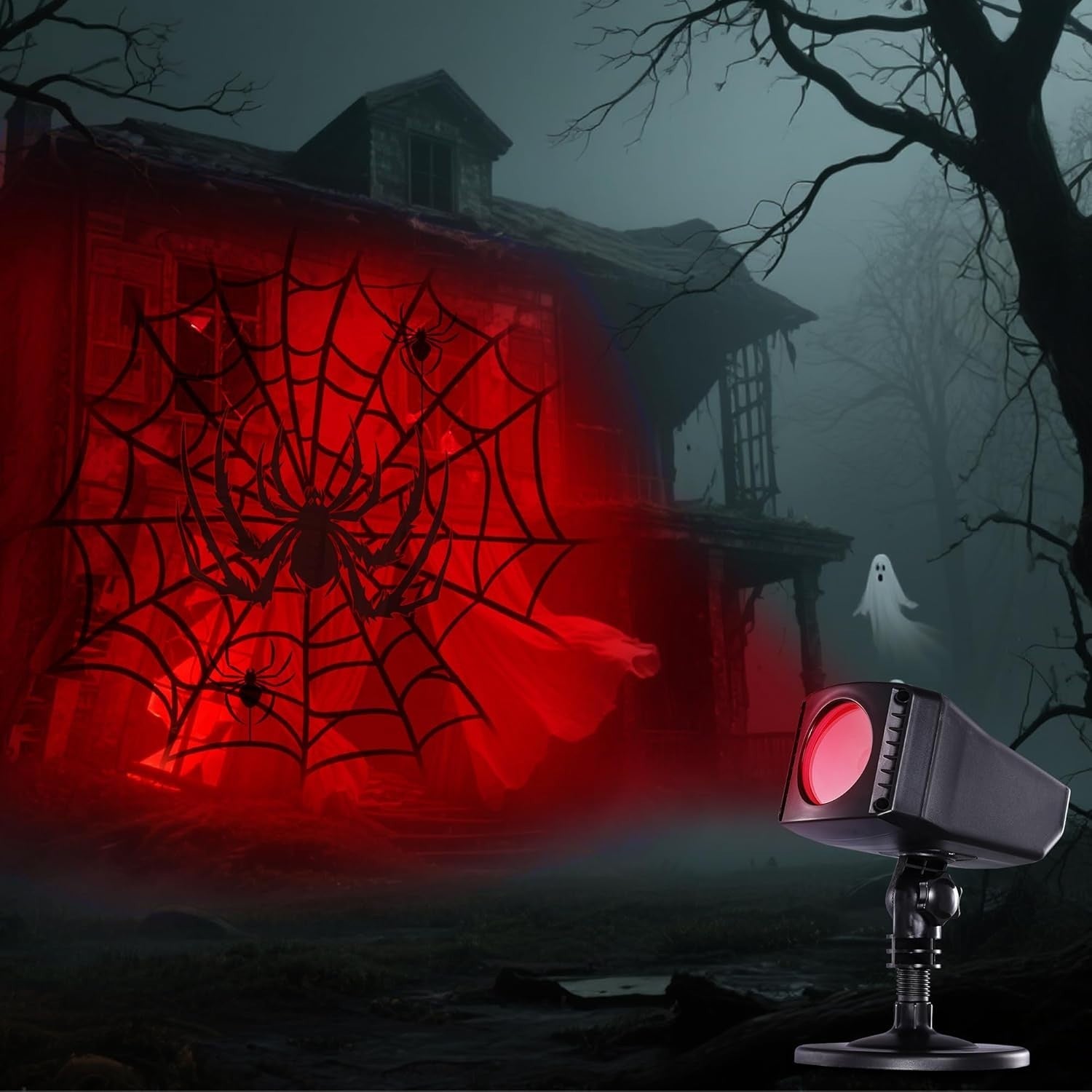 Halloween Deko Outdoor Projektor | 3D Dynamische LED Projektionslampe mit Timer, Wasserdicht, Rotes Spinnennetz-Spinne Motiv für Wand, Fenster & Garten