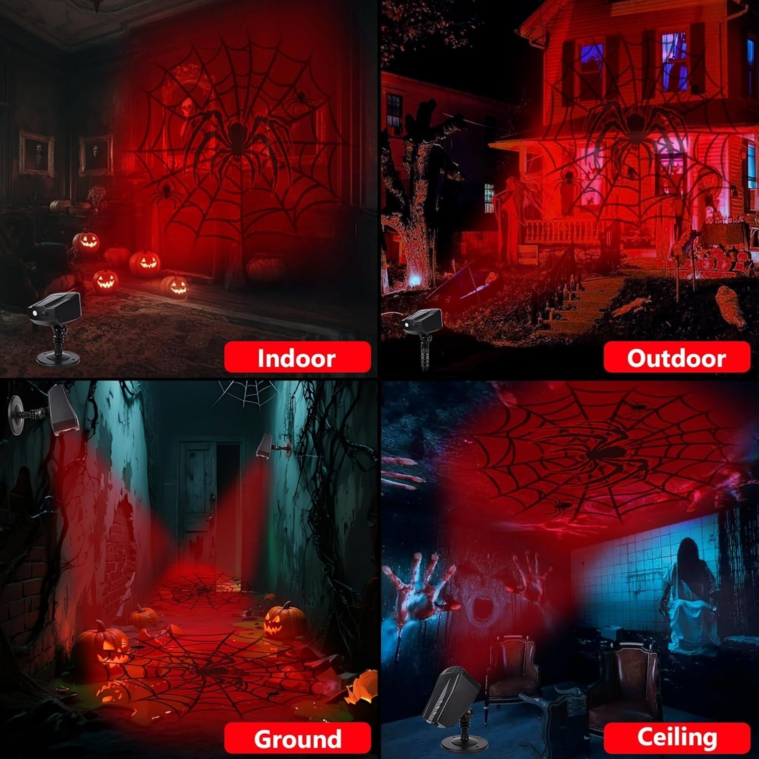 Halloween Deko Outdoor Projektor | 3D Dynamische LED Projektionslampe mit Timer, Wasserdicht, Rotes Spinnennetz-Spinne Motiv für Wand, Fenster & Garten