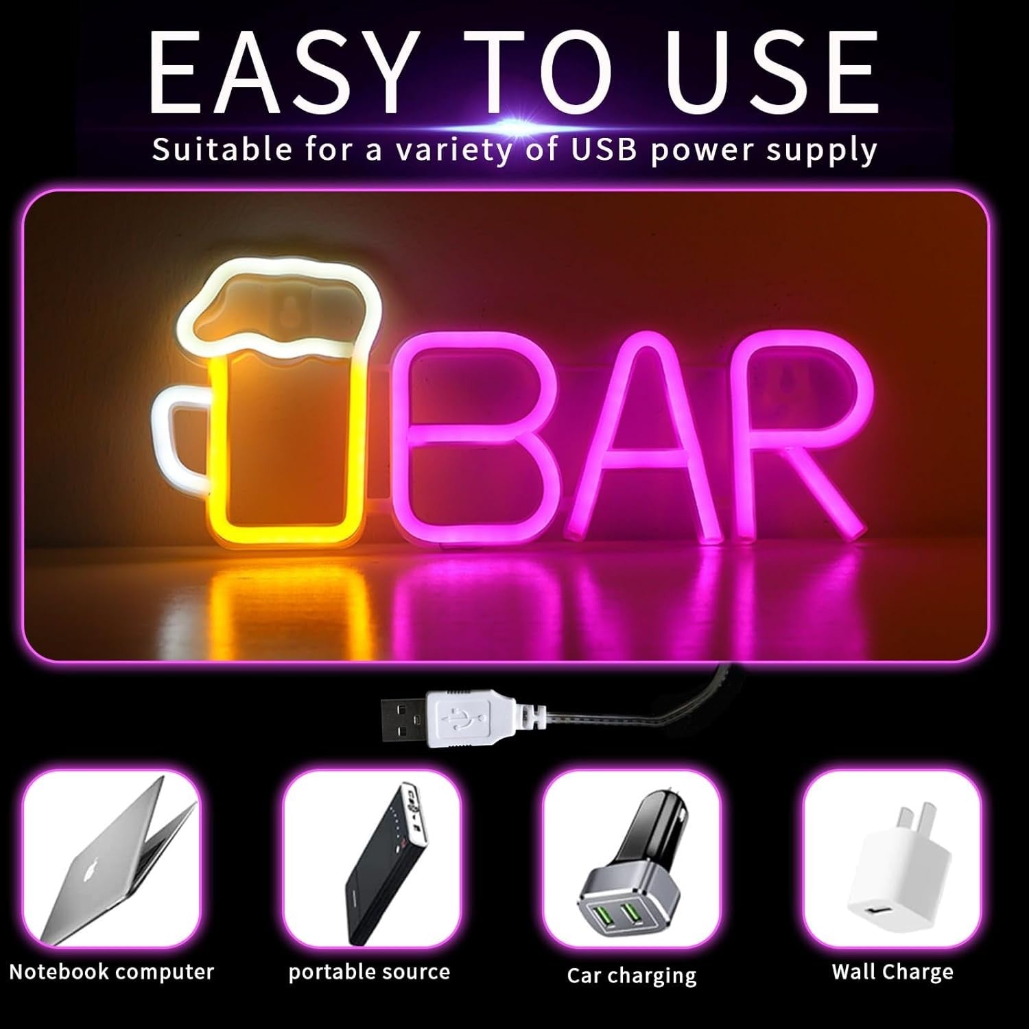 Bar Neon Sign LED Schriftzug USB/Batterie Bier Lampe Deko Warmweiß/Pink