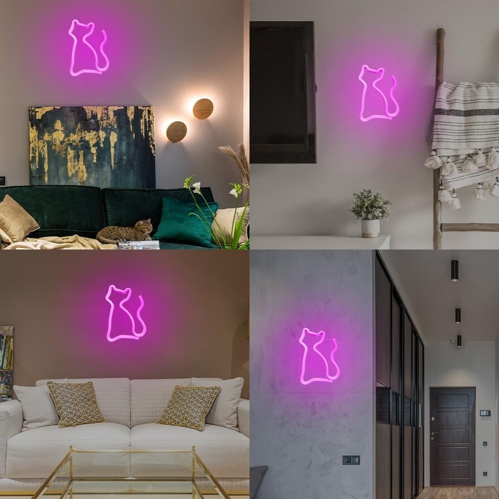 LED Neon Katze Lampe Nachtlicht mit Sockel Tischdeko Kinderzimmer Geschenk