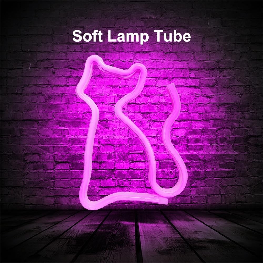 LED Neon Katze Lampe Nachtlicht mit Sockel Tischdeko Kinderzimmer Geschenk