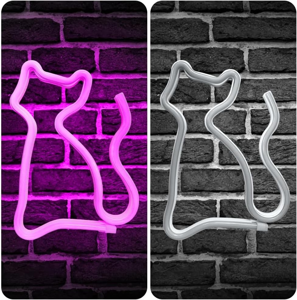 LED Neon Katze Lampe Nachtlicht mit Sockel Tischdeko Kinderzimmer Geschenk