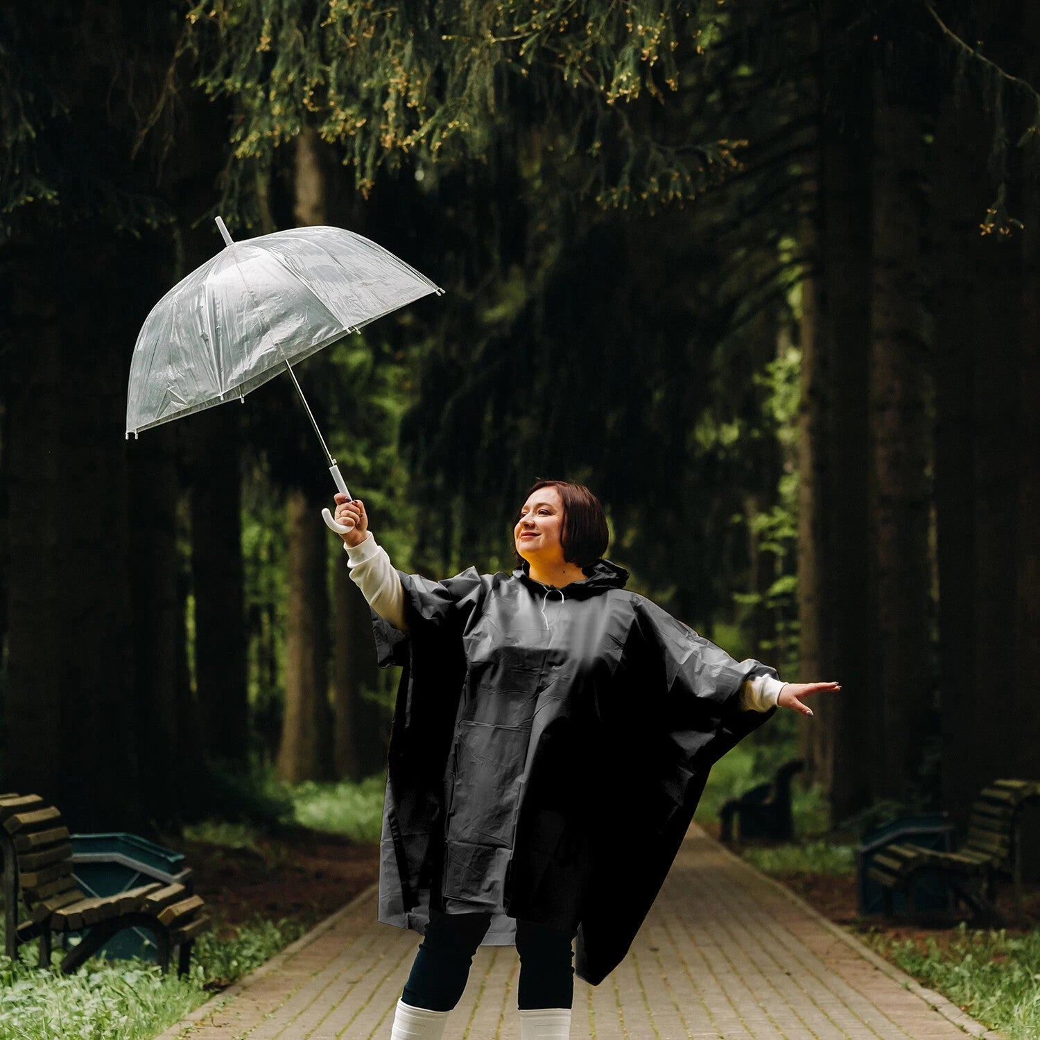 Regenponcho mit Kapuze Visier Schwarz Universal Wandern Angeln Festival