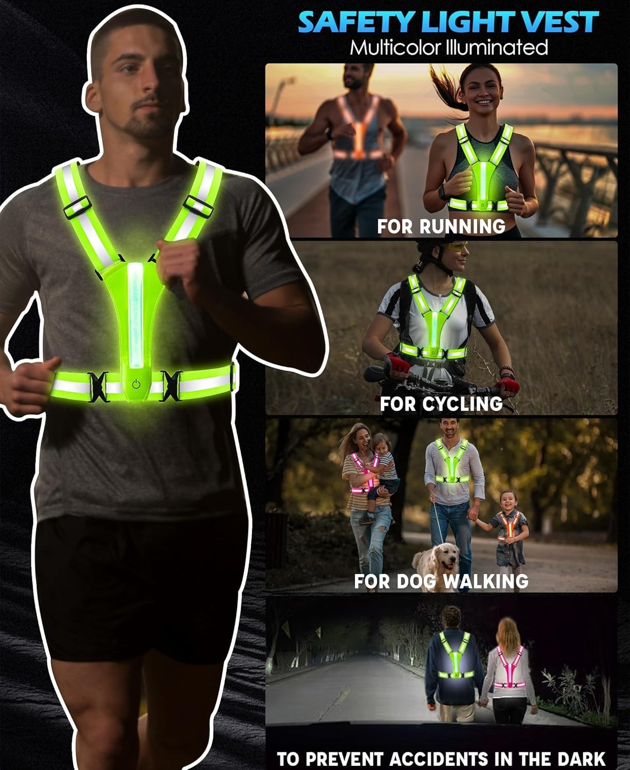 LED Warnweste mit 360° Reflektoren & USB-C Aufladung – Sicherheitsweste für Fahrrad, Motorrad, Joggen & Outdoor | Verstellbar, ultraleicht & wiederaufladbar