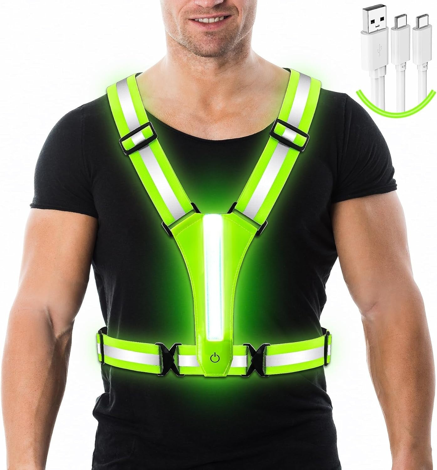 LED Warnweste mit 360° Reflektoren & USB-C Aufladung – Sicherheitsweste für Fahrrad, Motorrad, Joggen & Outdoor | Verstellbar, ultraleicht & wiederaufladbar
