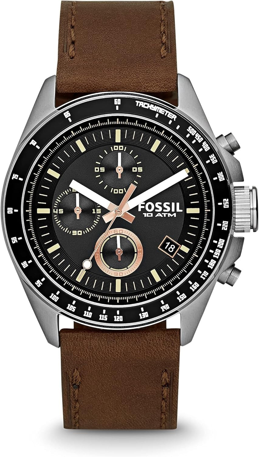 FOSSIL Decker Herrenuhr – Quarz Chronograph mit braunem Lederarmband & Edelstahlgehäuse | 44mm, wasserdicht bis 100 m