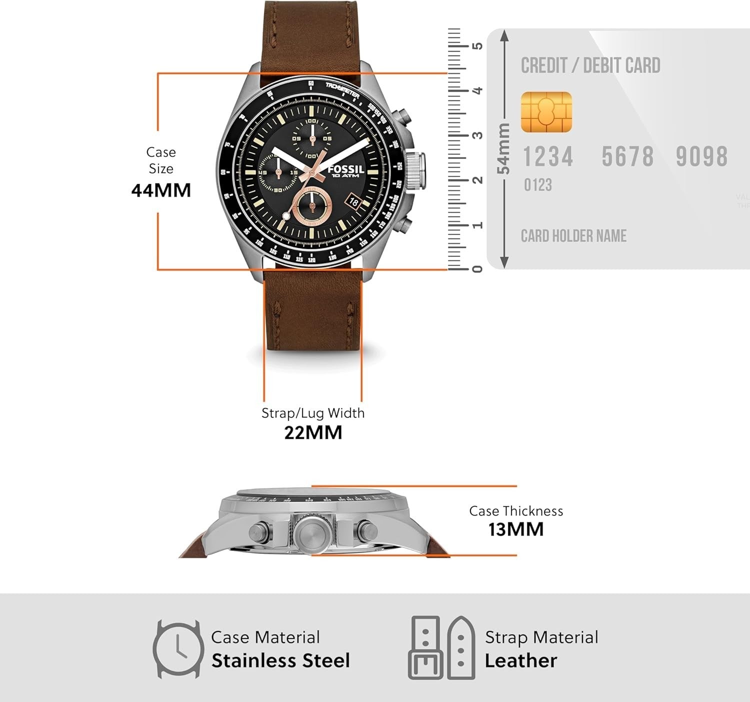 FOSSIL Decker Herrenuhr – Quarz Chronograph mit braunem Lederarmband & Edelstahlgehäuse | 44mm, wasserdicht bis 100 m