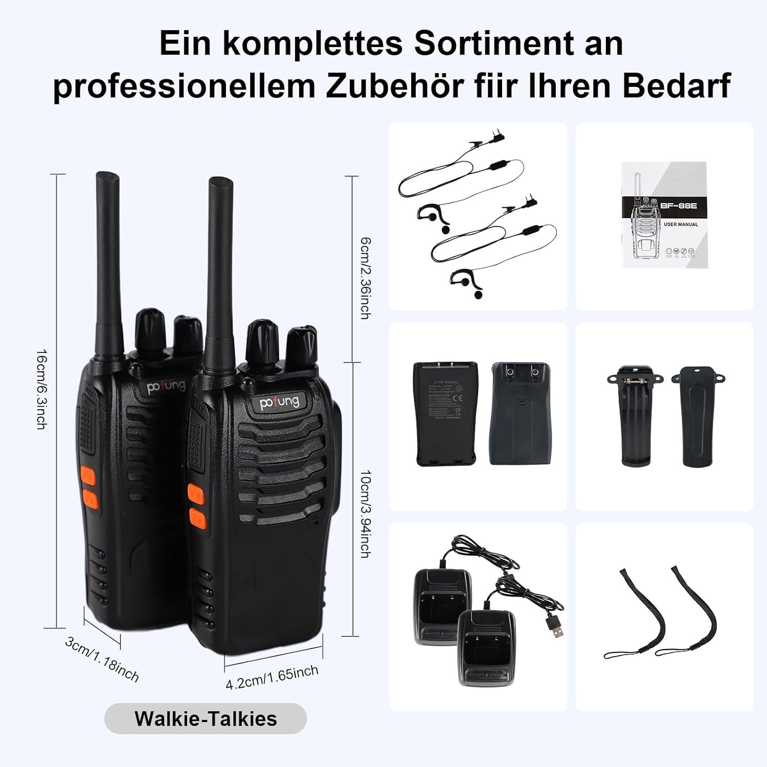 2x POFUNK Walkie Talkie PMR446 Funkgeräte LED Lampe Headset USB Schwarz