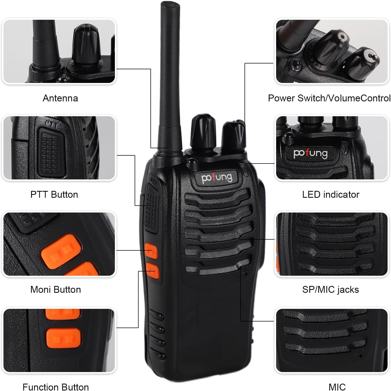 2x POFUNK Walkie Talkie PMR446 Funkgeräte LED Lampe Headset USB Schwarz