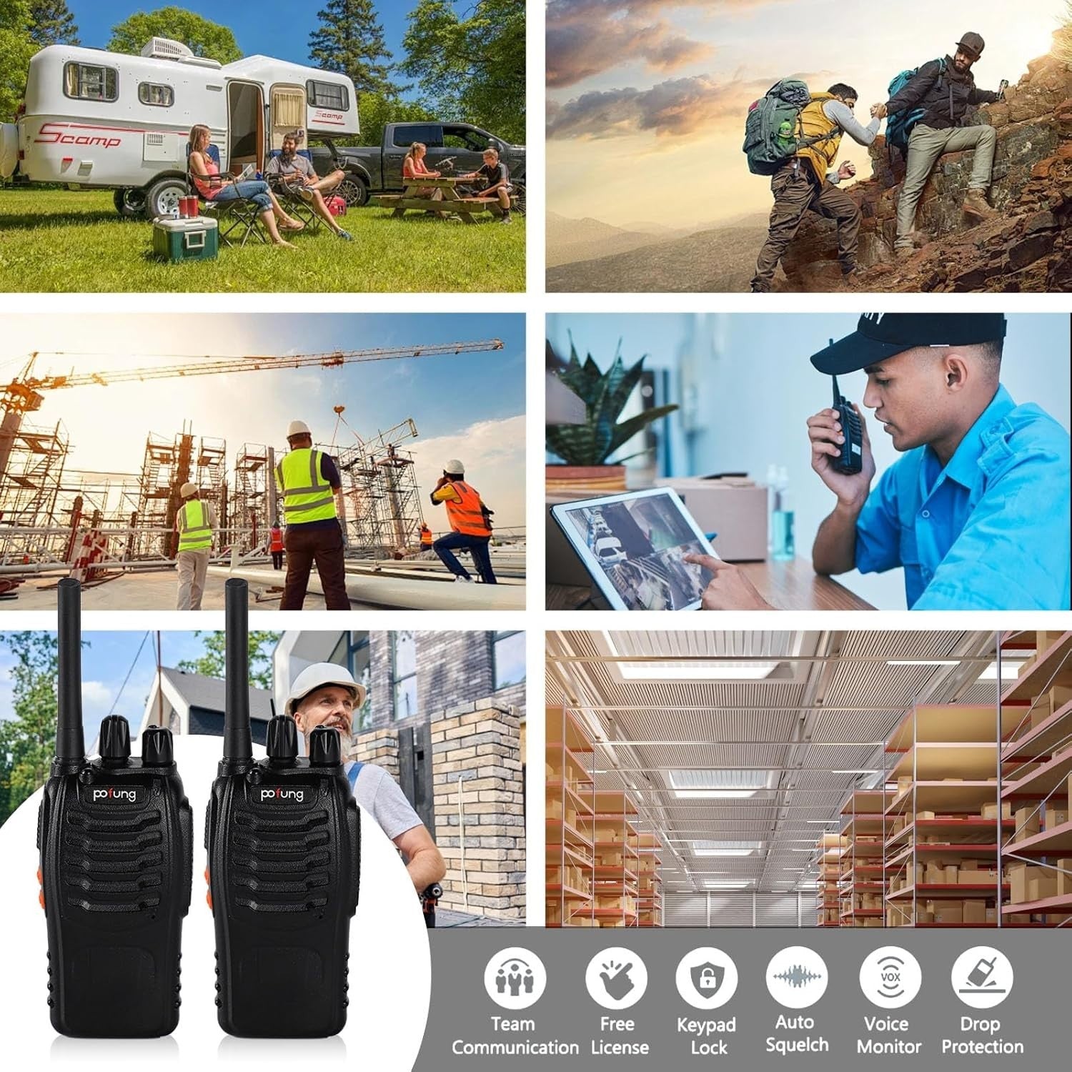 2x POFUNK Walkie Talkie PMR446 Funkgeräte LED Lampe Headset USB Schwarz