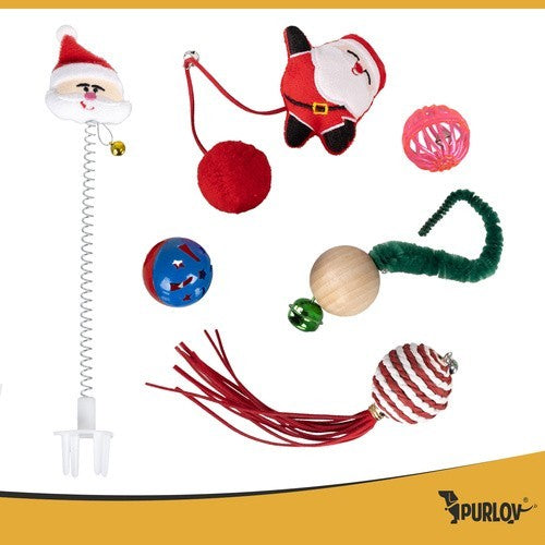 PURLOV Katzenspielzeug Weihnachtsset 6-teilig – Bälle, Federn & Pompons im Weihnachtssocken, Sicheres & Abwechslungsreiches Spielzeug für Katzen