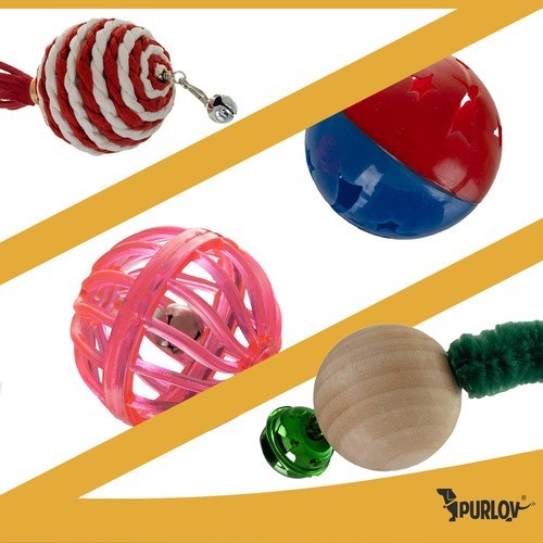PURLOV Katzenspielzeug Weihnachtsset 6-teilig – Bälle, Federn & Pompons im Weihnachtssocken, Sicheres & Abwechslungsreiches Spielzeug für Katzen