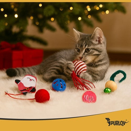 PURLOV Katzenspielzeug Set 6-tlg Weihnachten Bälle Federn Glöckchen