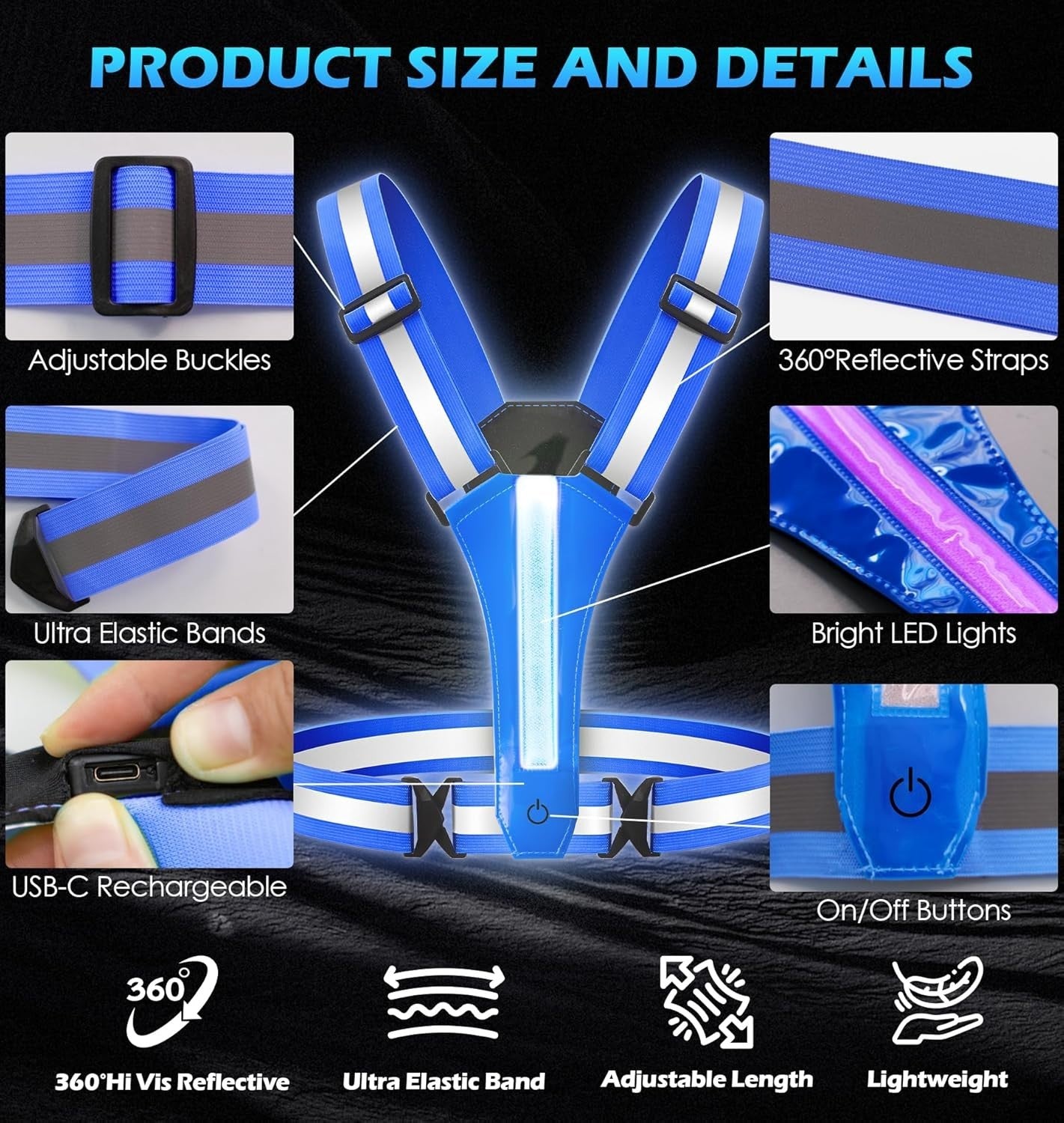 LED Warnweste USB-C Aufladbar Reflektorweste Fahrrad Joggen Motorrad -Blau