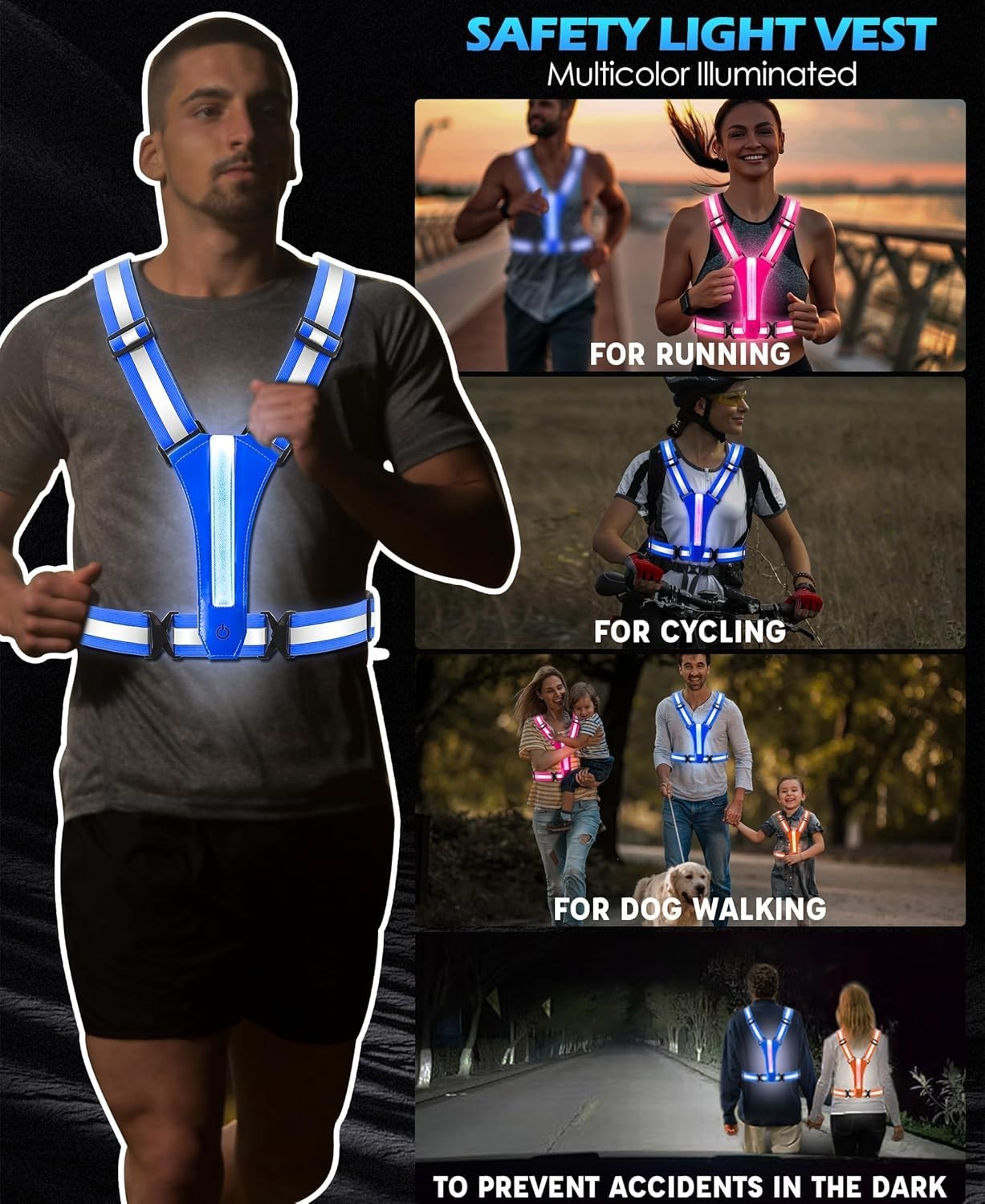 LED Warnweste USB-C Aufladbar Reflektorweste Fahrrad Joggen Motorrad -Blau