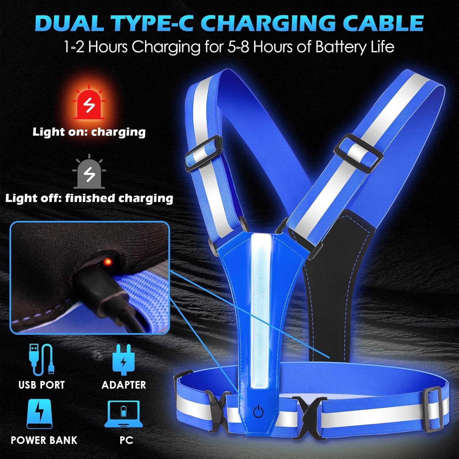 LED Warnweste USB-C Aufladbar Reflektorweste Fahrrad Joggen Motorrad -Blau