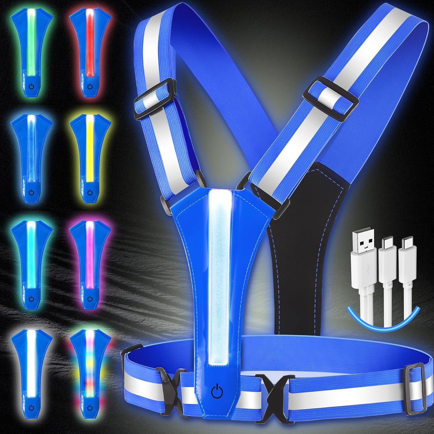LED Warnweste USB-C Aufladbar Reflektorweste Fahrrad Joggen Motorrad -Blau