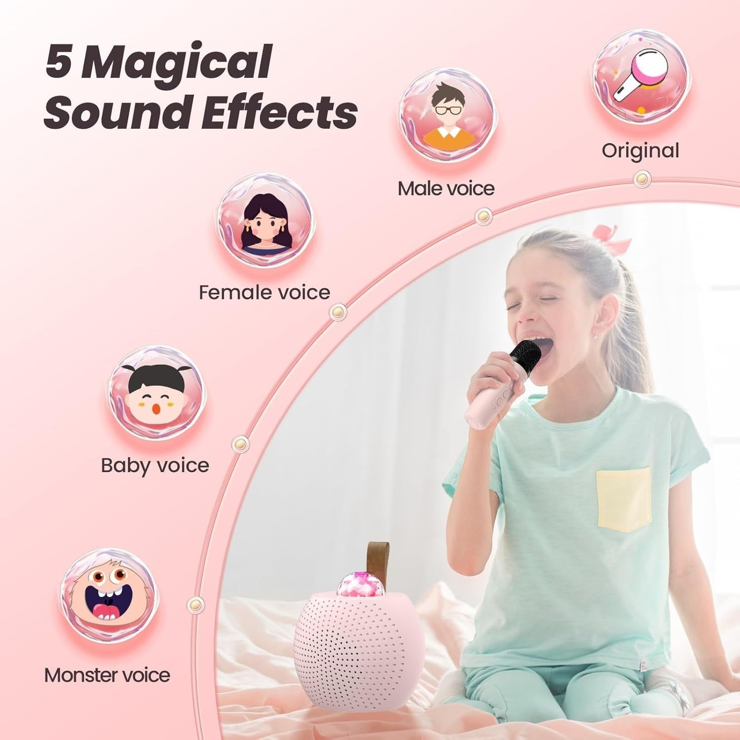 Karaoke Maschine Kinder 🎤 Bluetooth Lautsprecher 2 Mikrofone LED Rosa