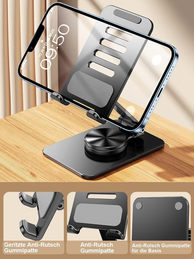 360° Drehbarer Handy-Ständer Tisch Metall Faltbar Verstellbar 4–11 Zoll
