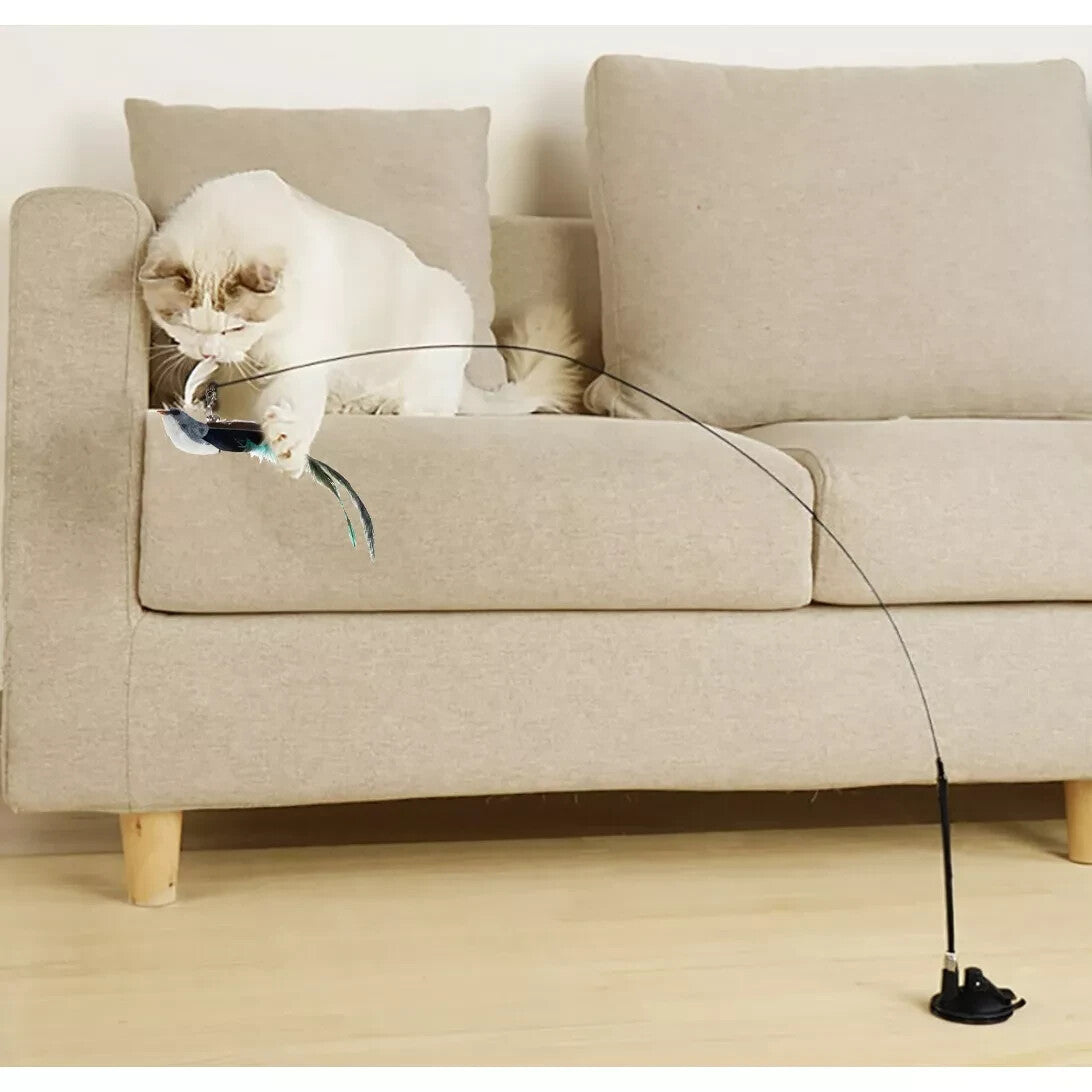 Katzenspielzeug Vogel mit Saugnapf & Angel – Interaktiv & Feder-Spielspaß 🐾🐾🐾