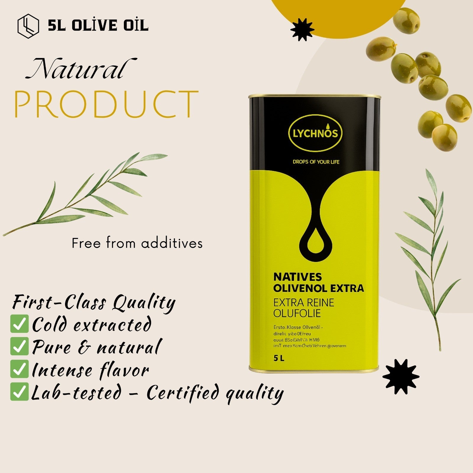 Lychnos Olivenöl Extra Nativ 5L Kaltgepresst aus Kreta Premium Qualität 🫒