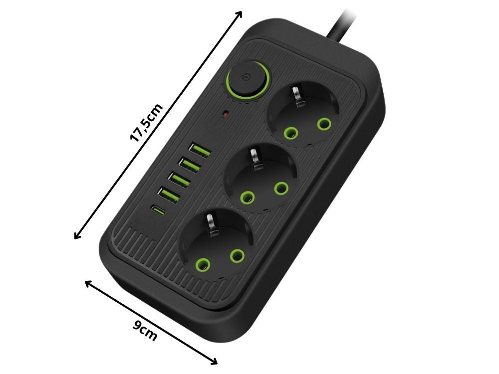 Steckdosenleiste mit 3 Steckplätzen, 4 USB & 1 USB-C – 2m Kabel