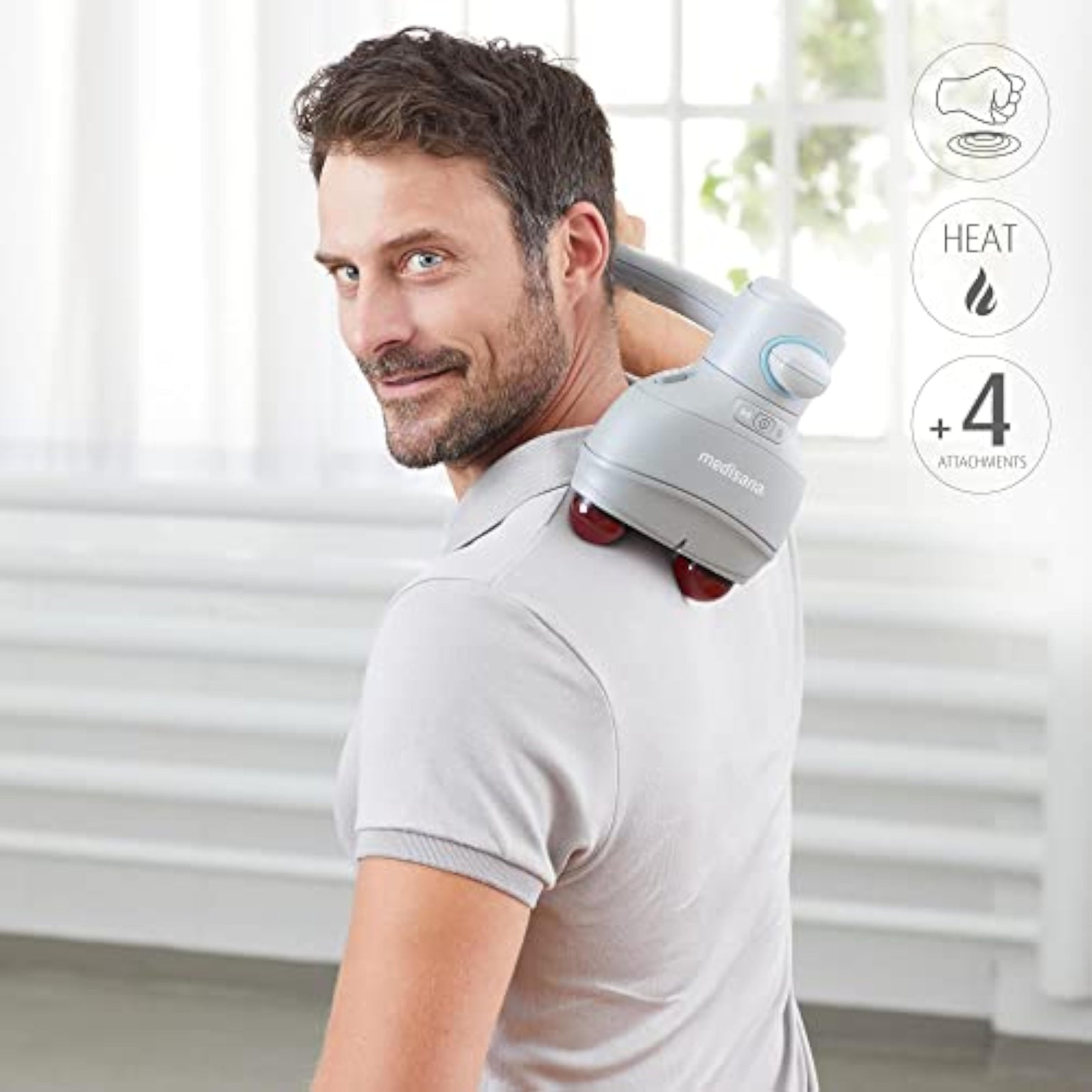 Elektrische Massagepistole mit Wärmefunktion – Muskelmassagegerät mit 4 Massageköpfen für Nacken, Rücken & Beine