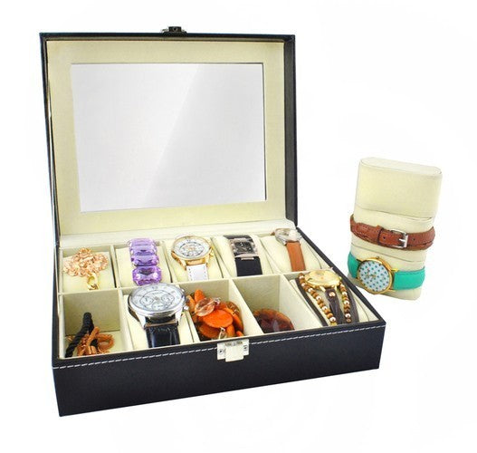 Schmuck Organizer Schwarz 💎 Uhrenbox 10 Fächer Schmuckkasten mit Glasdeckel