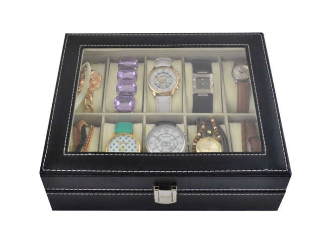 Schmuck Organizer Schwarz 💎 Uhrenbox 10 Fächer Schmuckkasten mit Glasdeckel