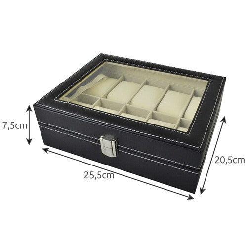 Schmuck Organizer Schwarz 💎 Uhrenbox 10 Fächer Schmuckkasten mit Glasdeckel