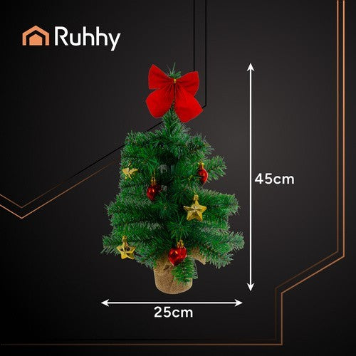 Künstlicher Mini-Weihnachtsbaum 45 cm – Tischdeko mit roten & goldenen Kugeln, Schleife & Jutesockel