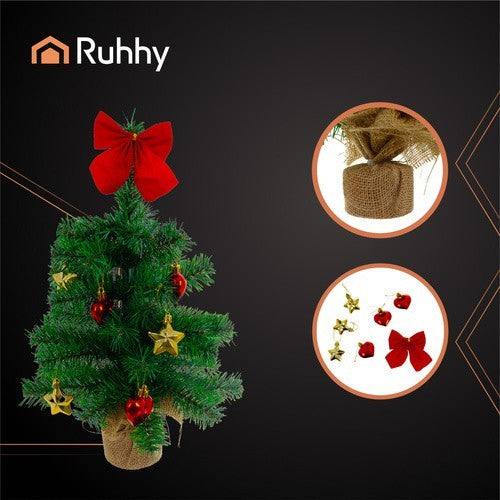 Künstlicher Mini-Weihnachtsbaum 45 cm – Tischdeko mit roten & goldenen Kugeln, Schleife & Jutesockel