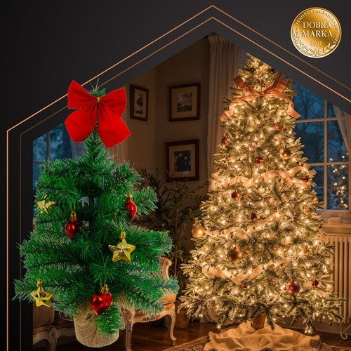 Künstlicher Mini-Weihnachtsbaum 45 cm – Tischdeko mit roten & goldenen Kugeln, Schleife & Jutesockel