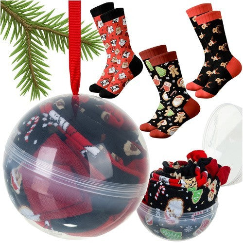 RUHHY Weihnachtssocken 3er-Set – Unisex Baumwollsocken Größe 38–43, Weihnachtsmotive & Kugelverpackung, perfektes Geschenk