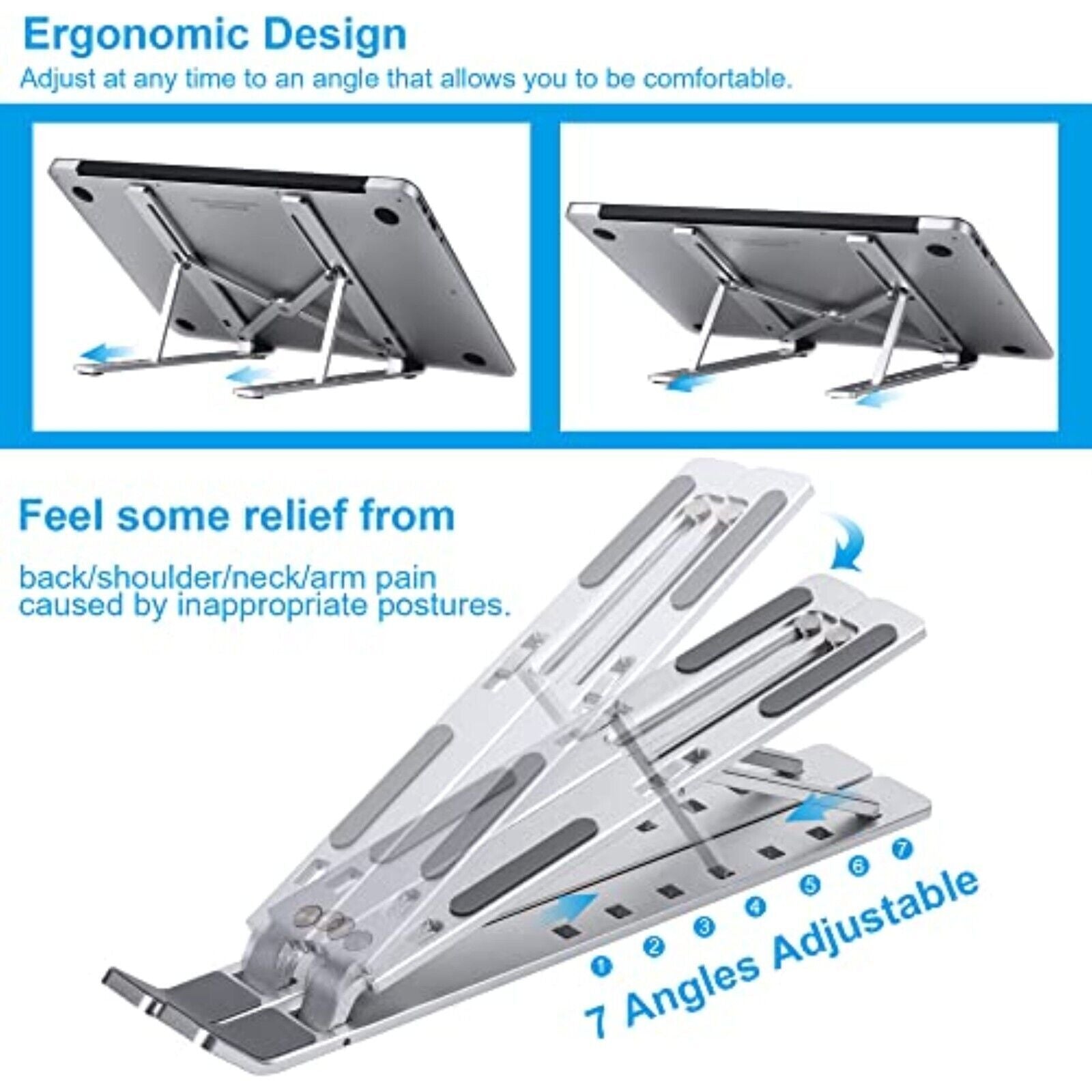 Höhenverstellbarer Aluminium Laptopständer – 7 Stufen, Faltbar, Belüftet & Rutschfest – Silber
