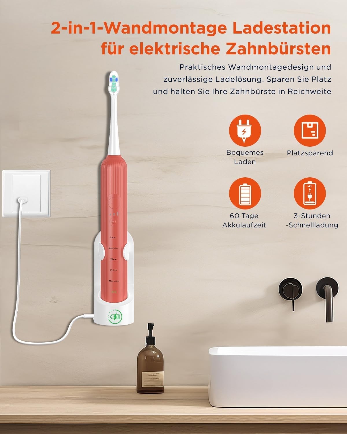 Elektrische Schallzahnbürste – 5 Modi 3 Intensitäten 8 Köpfe Timer Reiseetui   BLAU oder ROSENROT FARBE     6974680411613