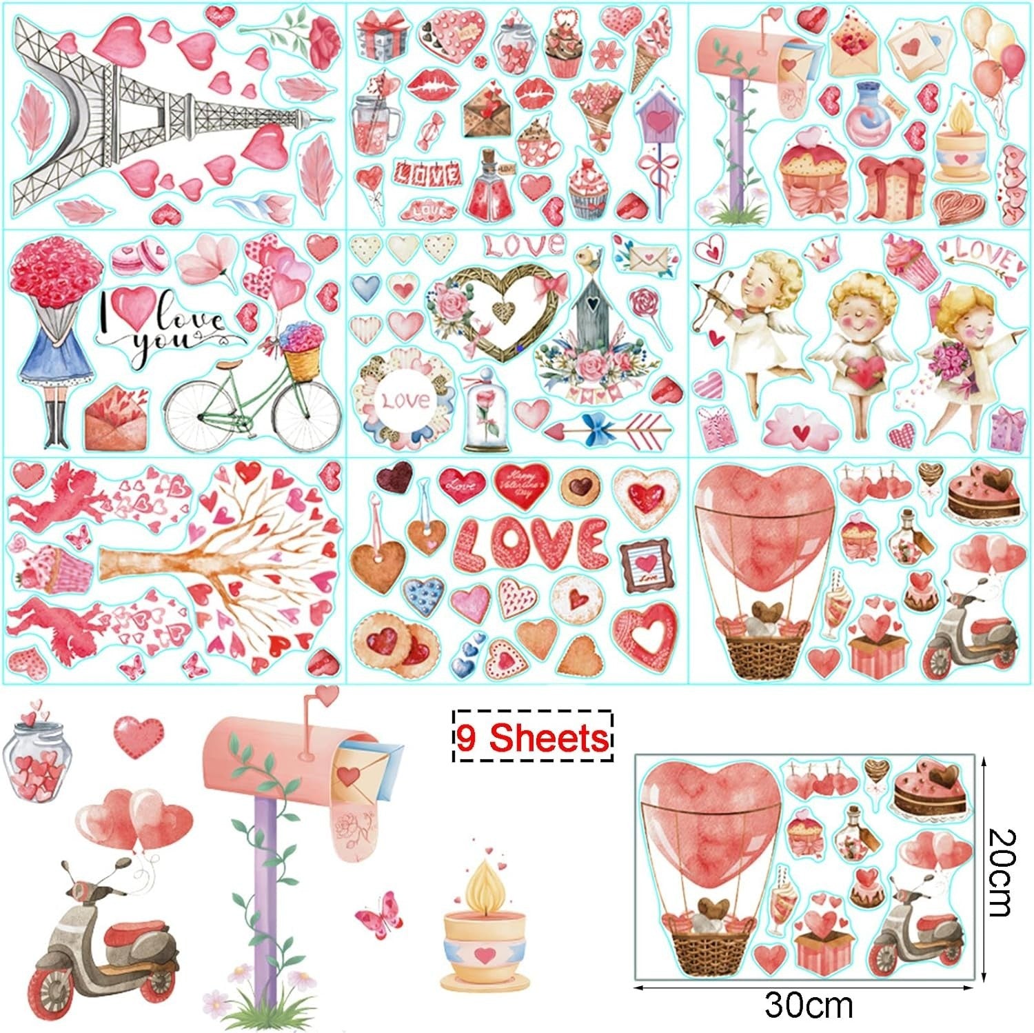 125 Stück Herz Fensterbilder – 9 Bögen Abnehmbare Fensteraufkleber, DIY Valentinstag & Hochzeitsdeko, Liebe & Herz Motive