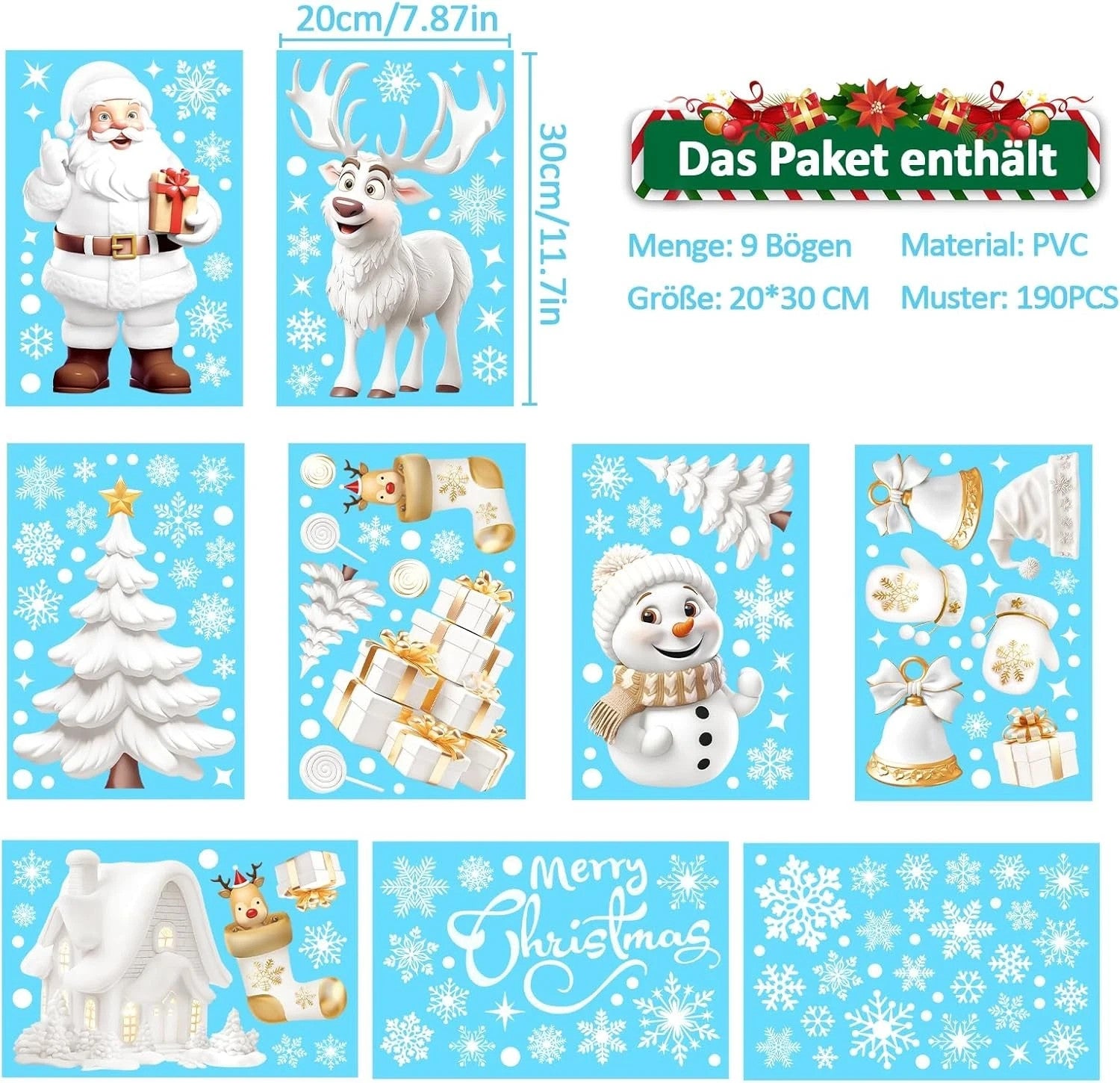 Nepfaivy Fensterbilder Weihnachten – 190-teiliges Schneeflocken & Winter Deko Set, 9 Bögen, Statisch Haftend & Wiederverwendbar