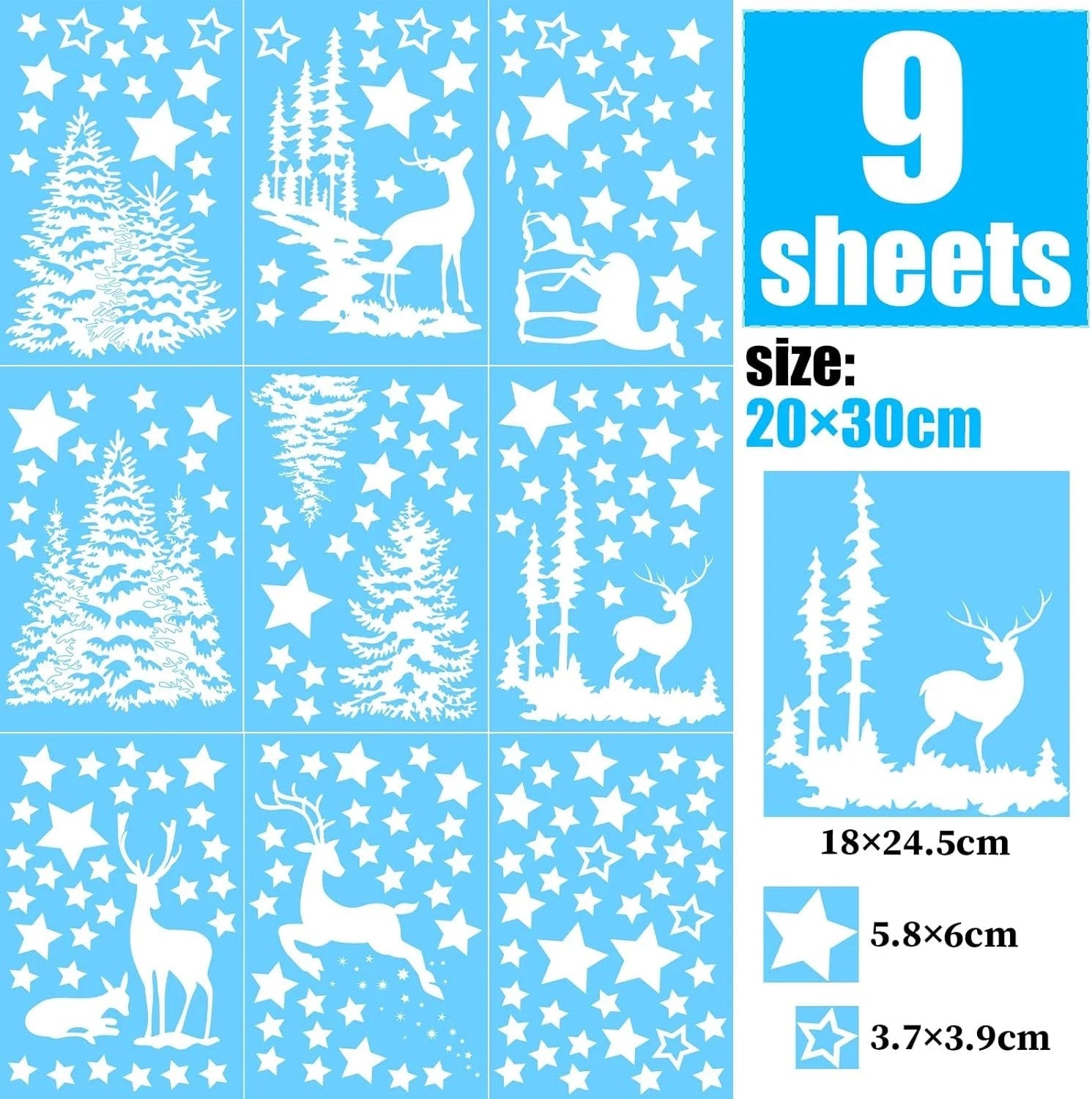 210 Stück Weihnachten Fensterbilder – Sterne, Weihnachtsbaum & Rentier, 9 Bögen, Elektrostatische Winter Fensterdeko, PVC