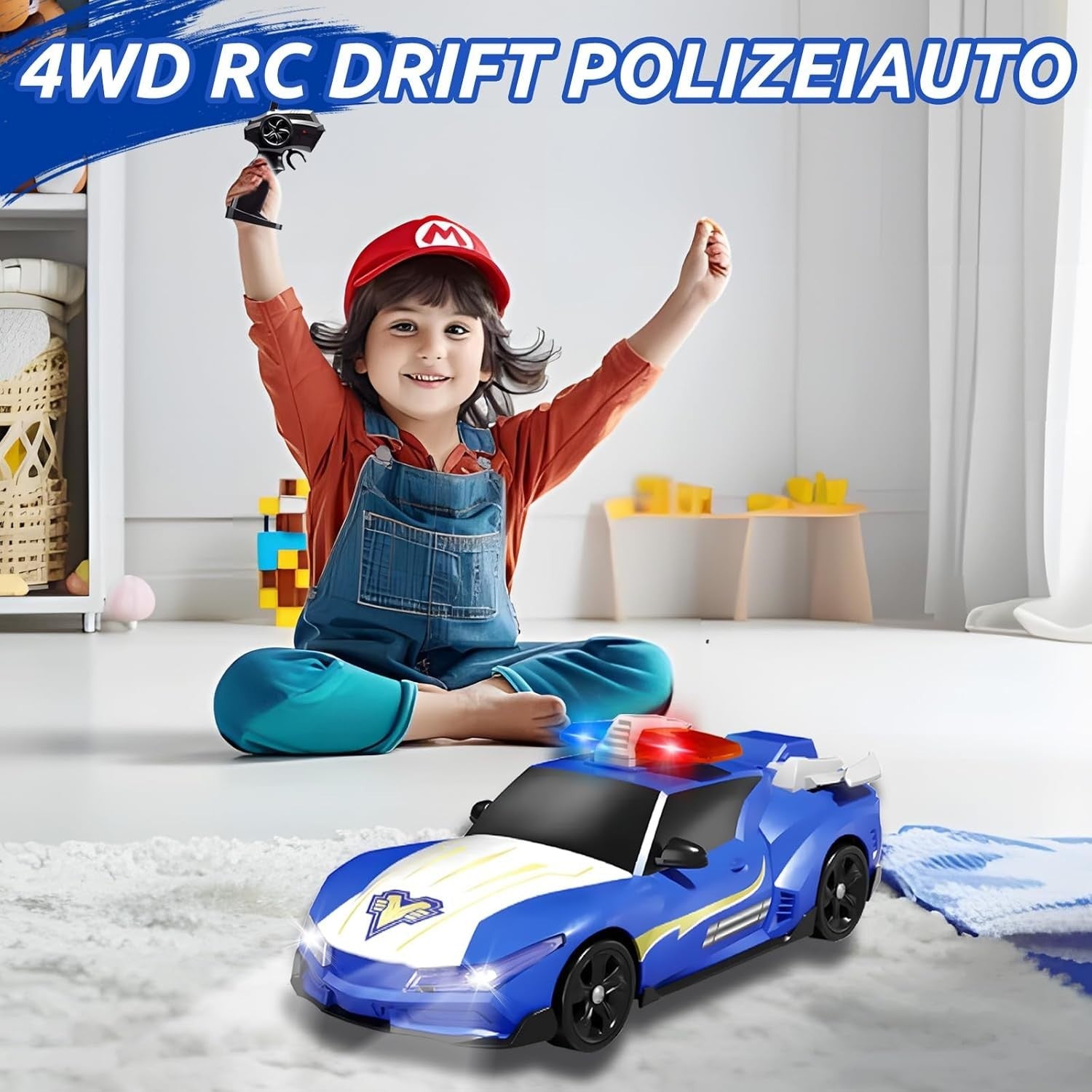 RC Drift Polizeiauto 1:24 – Ferngesteuertes 4WD Auto mit Licht & Sound, 2,4 GHz Steuerung, 2 wiederaufladbare Akkus, Drift- & Rennreifen, Geschenk für Kinder