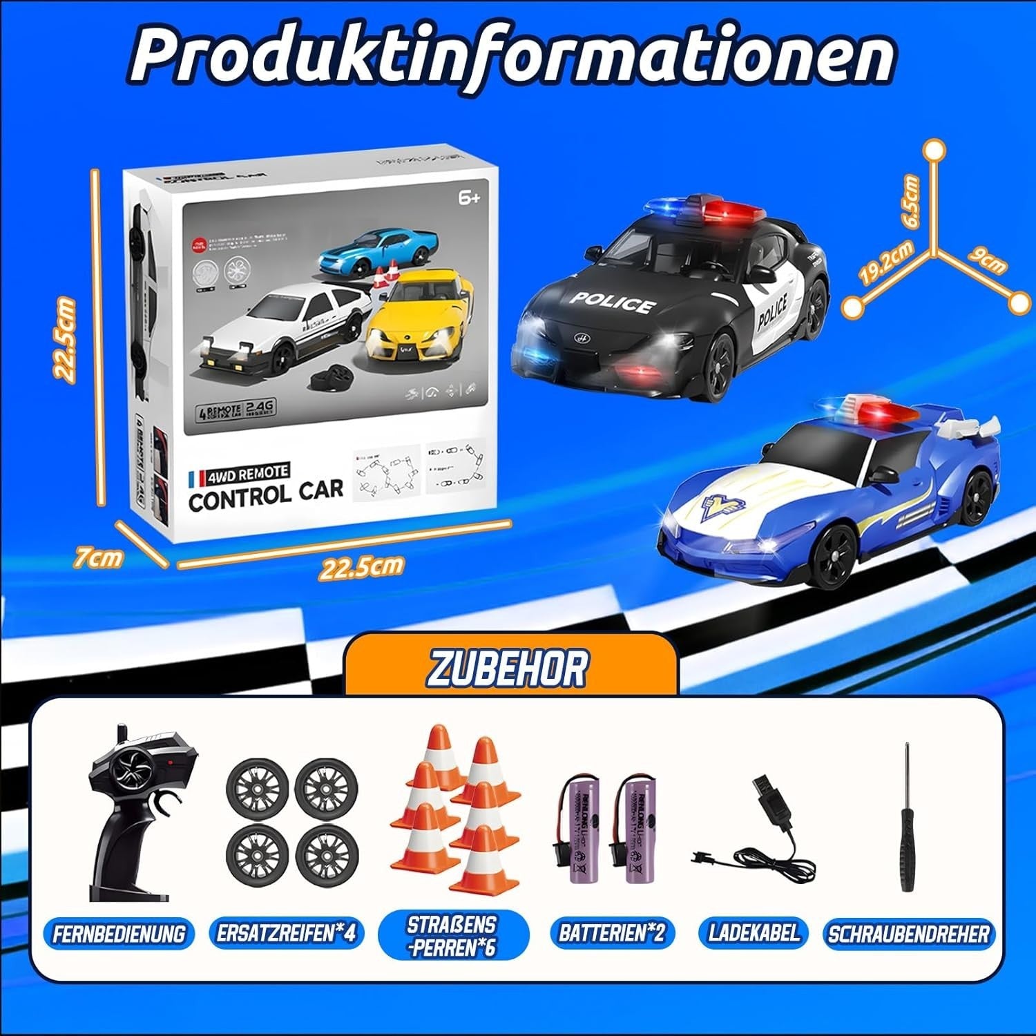RC Drift Polizeiauto 1:24 – Ferngesteuertes 4WD Auto mit Licht & Sound, 2,4 GHz Steuerung, 2 wiederaufladbare Akkus, Drift- & Rennreifen, Geschenk für Kinder