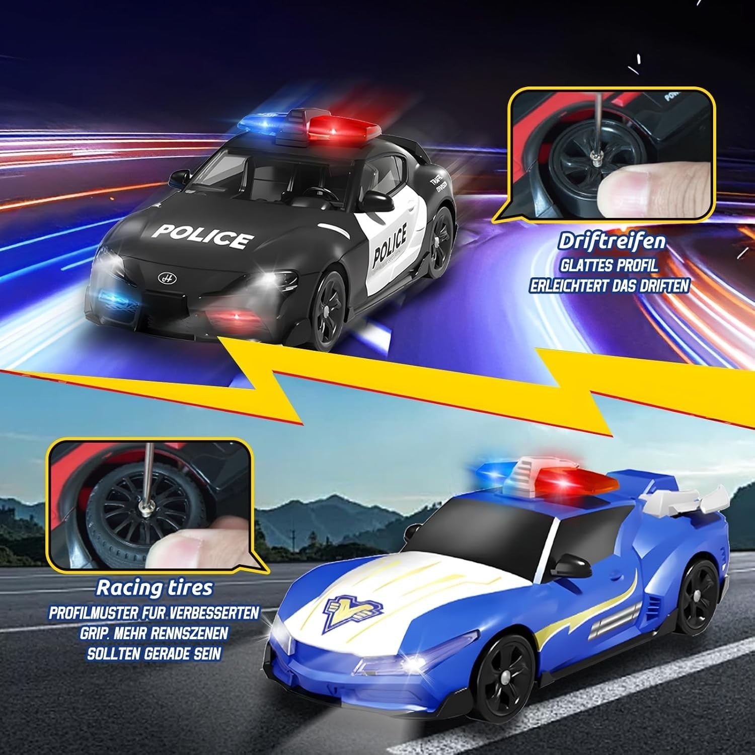 RC Drift Polizeiauto 1:24 – Ferngesteuertes 4WD Auto mit Licht & Sound, 2,4 GHz Steuerung, 2 wiederaufladbare Akkus, Drift- & Rennreifen, Geschenk für Kinder