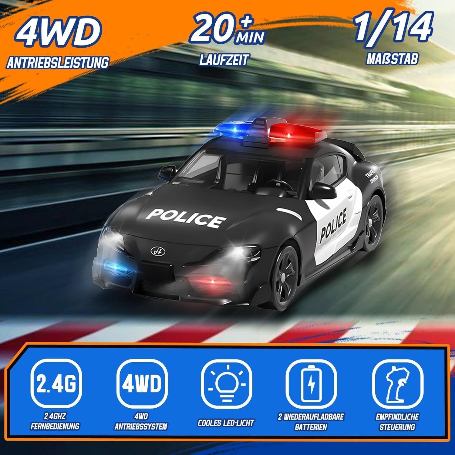 RC Drift Polizeiauto 1:24 – Ferngesteuertes 4WD Auto mit Licht & Sound, 2,4 GHz Steuerung, 2 wiederaufladbare Akkus, Drift- & Rennreifen, Geschenk für Kinder