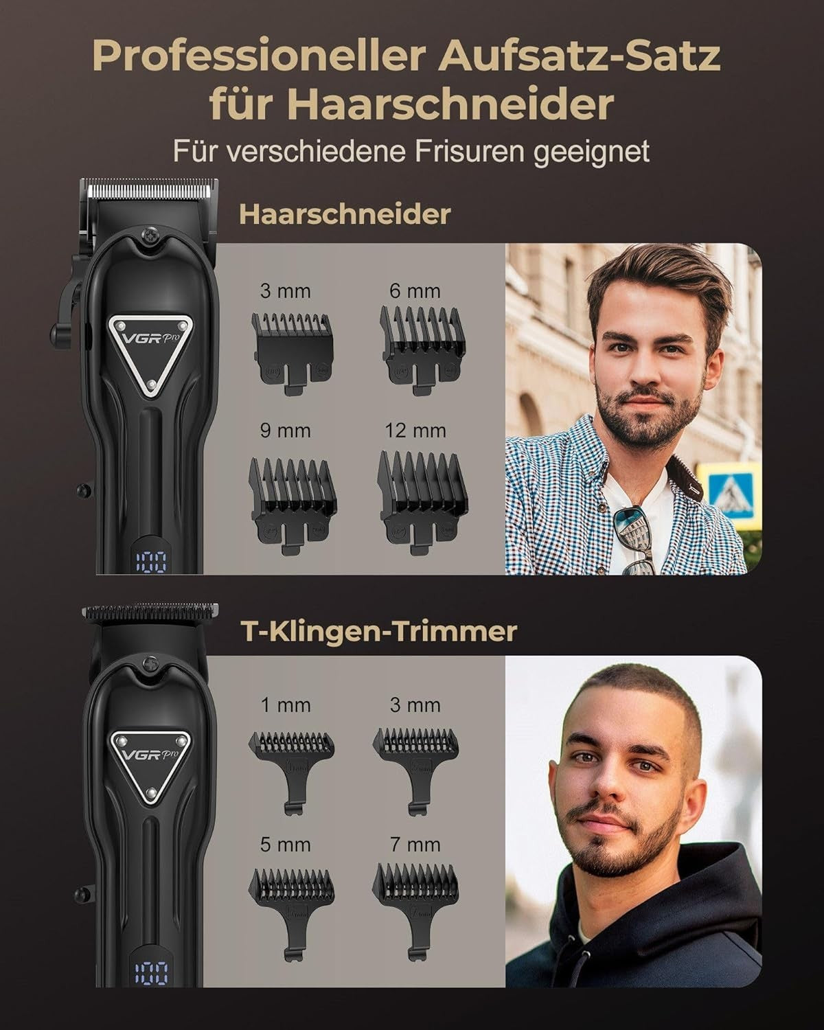 Kabellose Haarschneidemaschine für Herren – Profi T-Trimmer Set mit langer Akkulaufzeit, leise & präzise, Schwarz